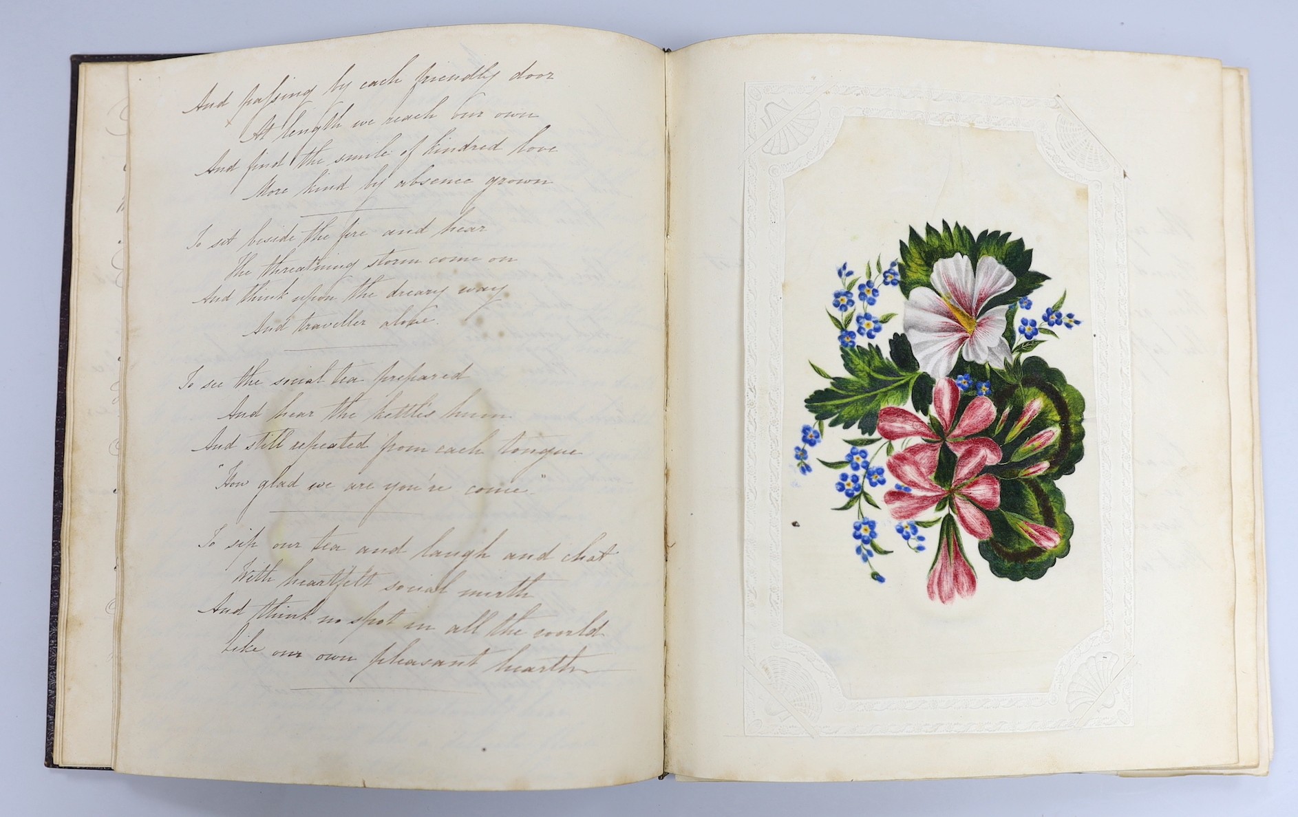 An early 19th century hand written journal, sketch book with scraps, coloured engravings, etc.